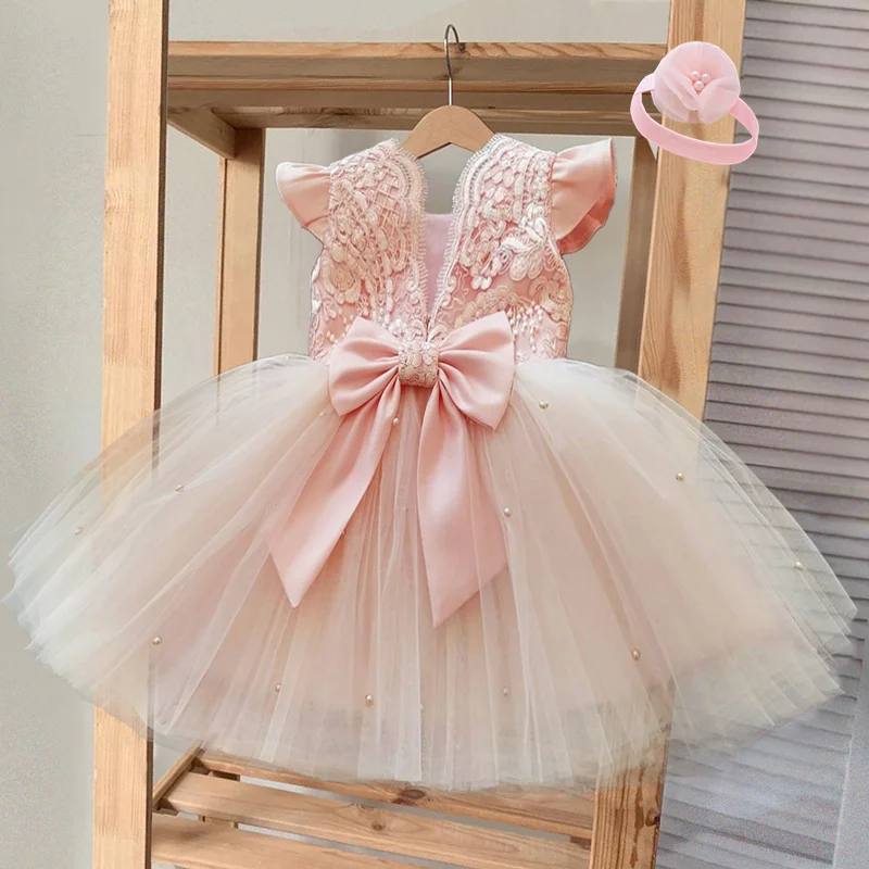 New Baby Girls Dress 1 Year Birthday Dress Sequins Lace Bow Newborn Party Wedding Vestidos Baby Girl Christening Summer Clothes