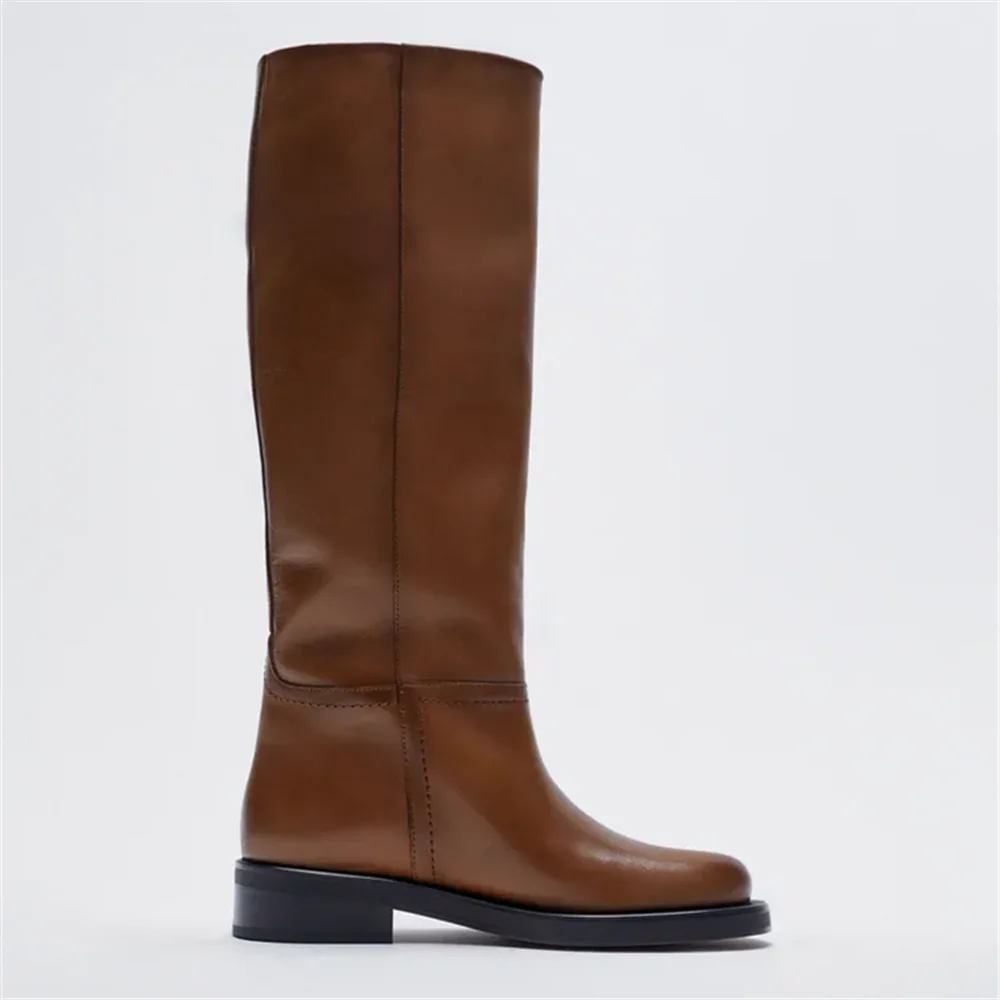MILI-MIYA Women's Classic Round-Toe Wide-Leg Cow Leather Knee-High Boots With Comfortable Square Heels Plus Size 34-43 Handmade view 5