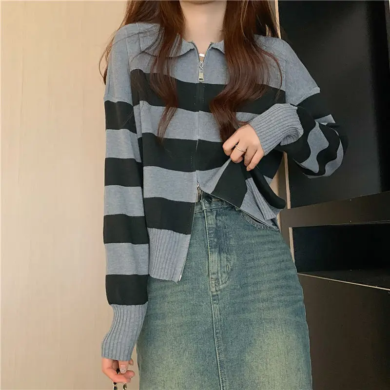 New Color Blocking Striped Polo Collar Zipper Long Sleeved Sweater Knitted Top Women's Cardigan Jacket