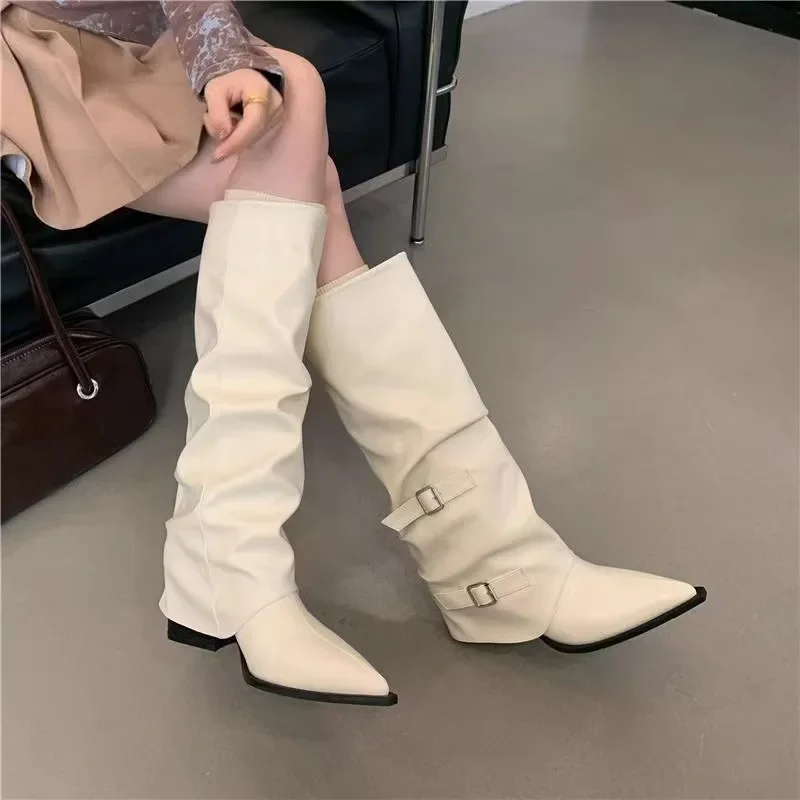 Damen Spitze Kniestiefel mit Schnalle, Herbst Winter 2026 Neue Blockabsatz Overknee-Stiefel, Trendige Leder Chelsea Botas – Detail 6