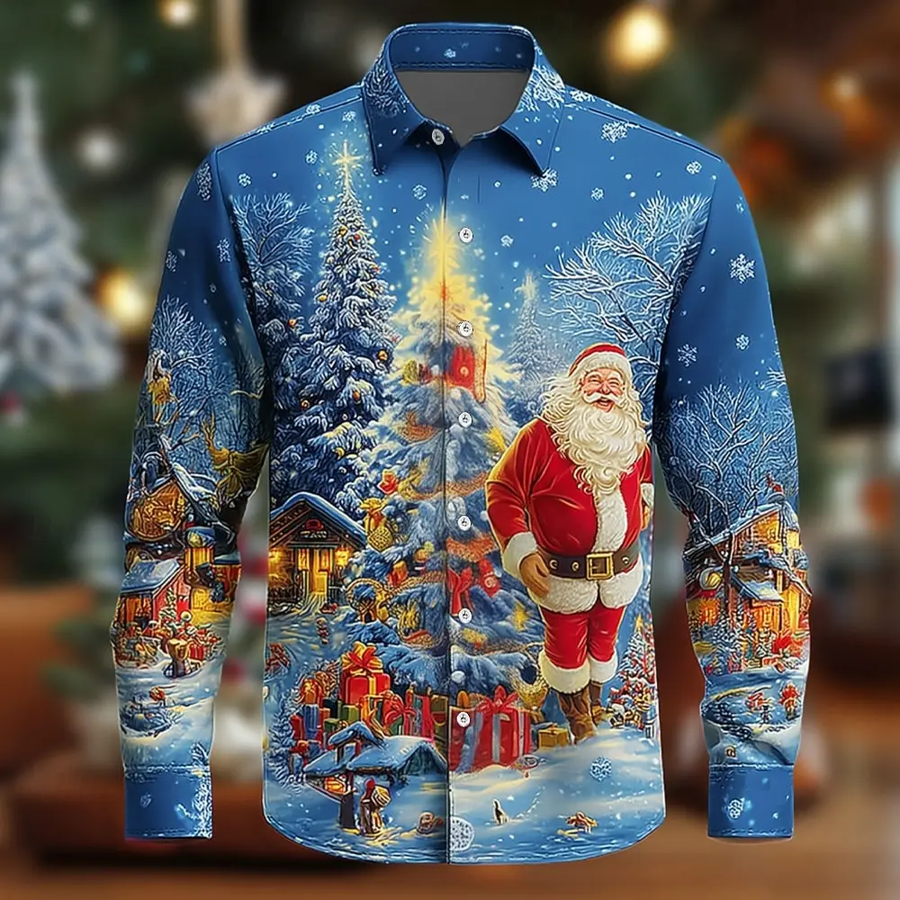

Christmas shirts for man Santa Claus Christmas Gift Shirt Button Shirt Long Sleeve Fun Festival Autumn Lapel 3D man y2k clothes