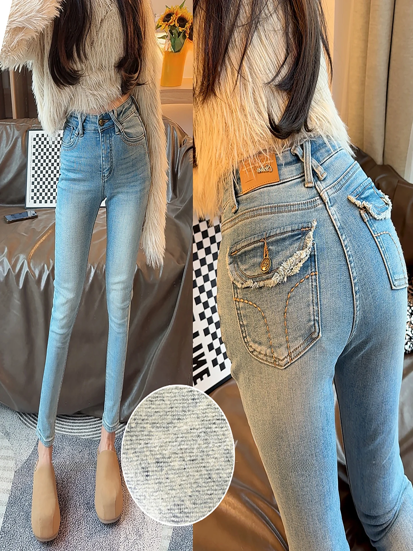 

Женские джинсы с флисовой подкладкой в стиле ретро, облегающие, с высокой талией, осенне-зимние, эластичные, расклешенные, с эффектом утяжки живота, с карманами