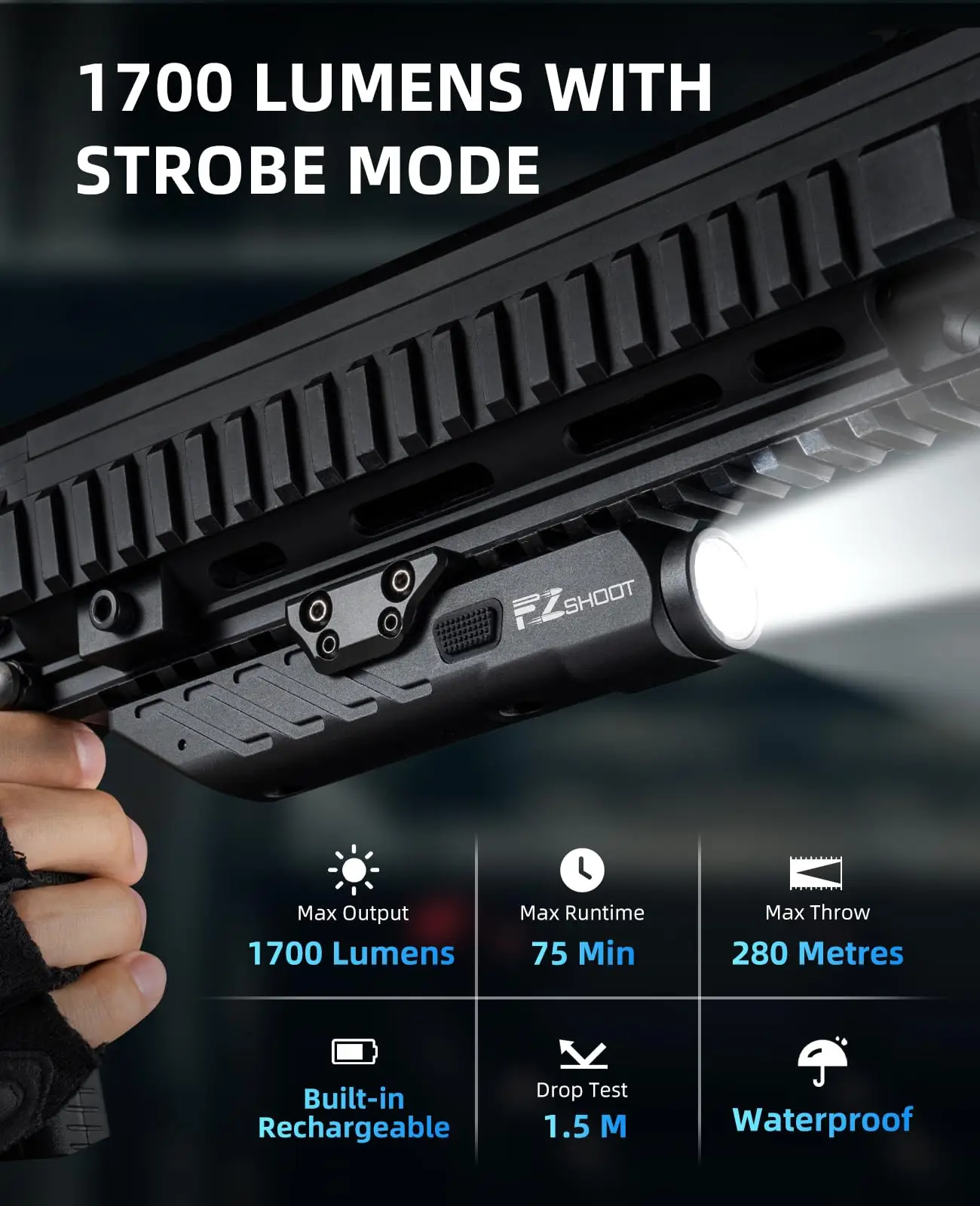 MidTen Tactical Flashlight 1700 Lumens For Rifle With Strobe Mode Fit M-Rail and Picatinny RailRifle Magnetic Rechargeable
