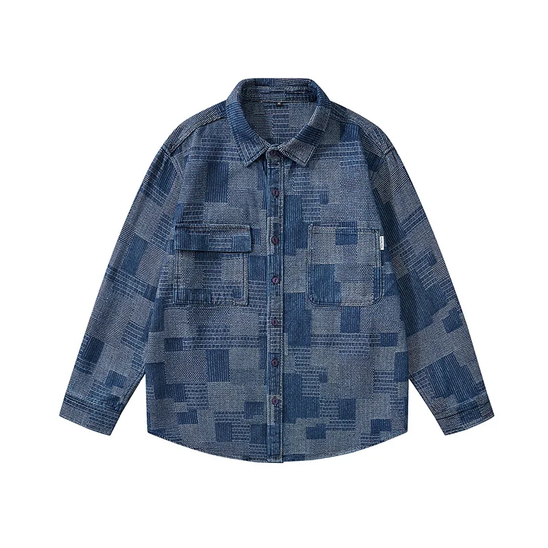 Jacquard denim shirt men's Long-sleeved lapel loose fashionable jacket men's shirt Button shirt jacket