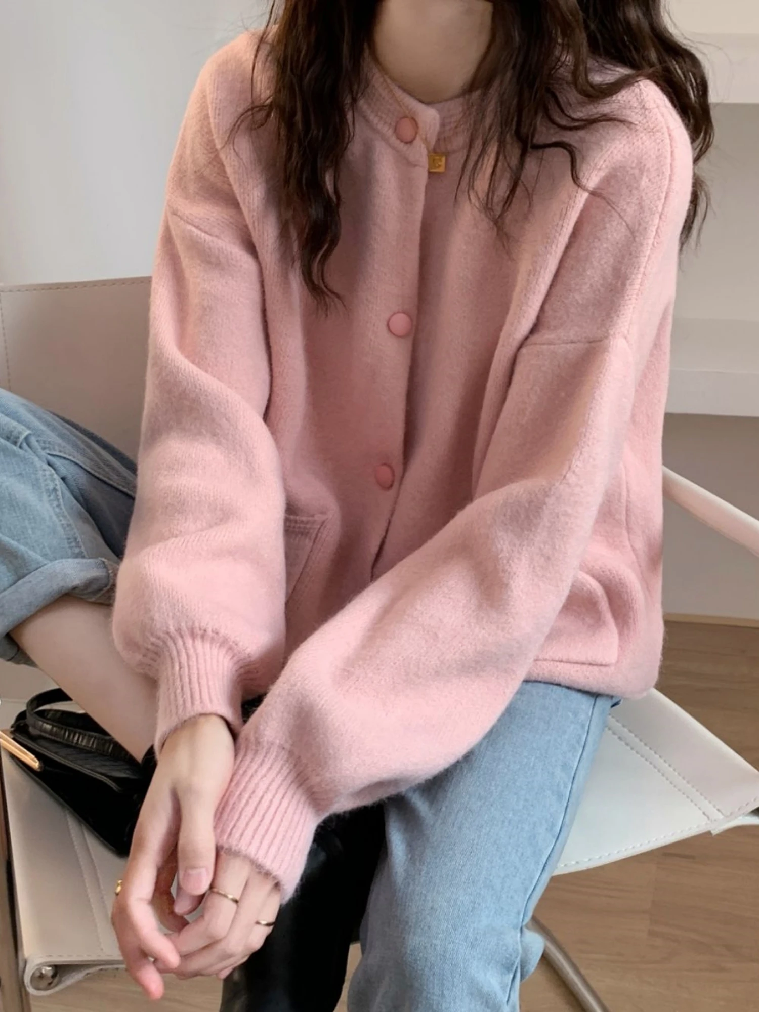 Ladies' Pink Knitted Sweater Coat Loose Fit Long Sleeve Open Cardigan Soft Comfortable Casual Style Autumn Winter New Arrival