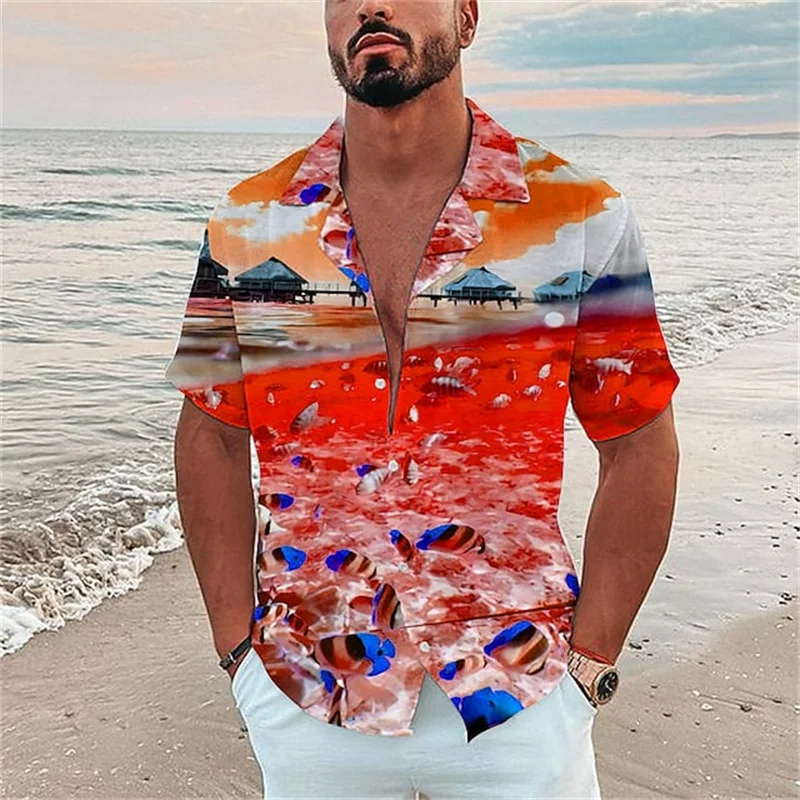 Men\'s Hawaiian Fish Print Shirts Men\'s Ocean Element Shirt Beach Vacation Casual Shirts Summer Breathable Short Sleeve Shirts