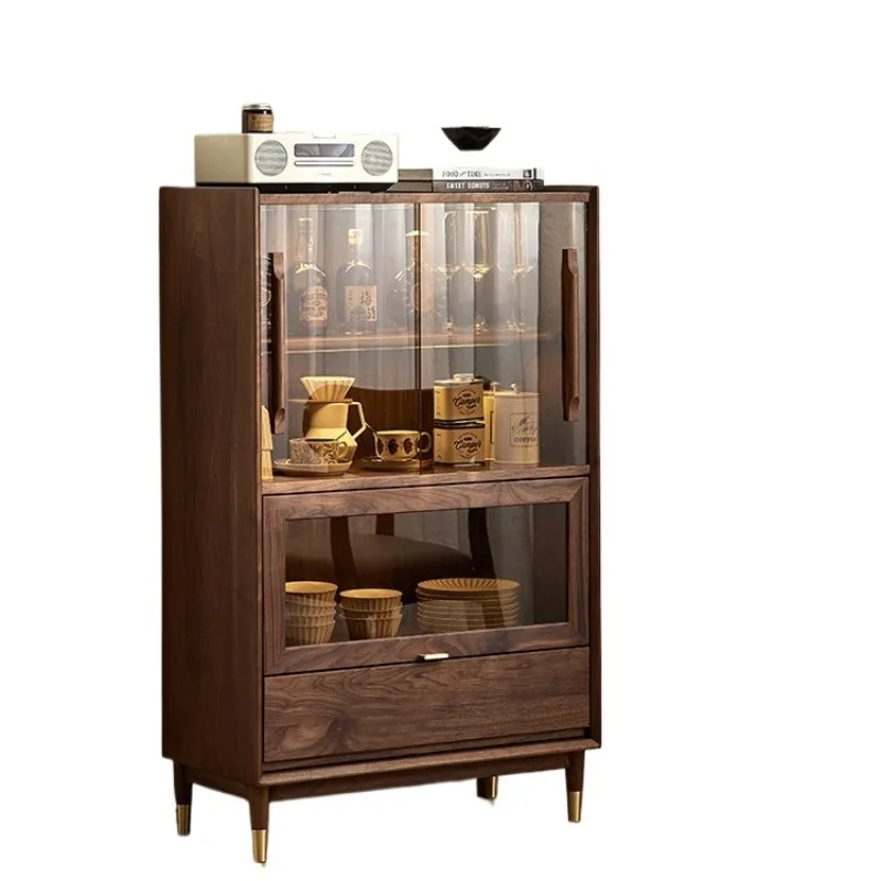 Glass wine cabinet Nordic simple solid wood vertical cabinet Household storage display locker