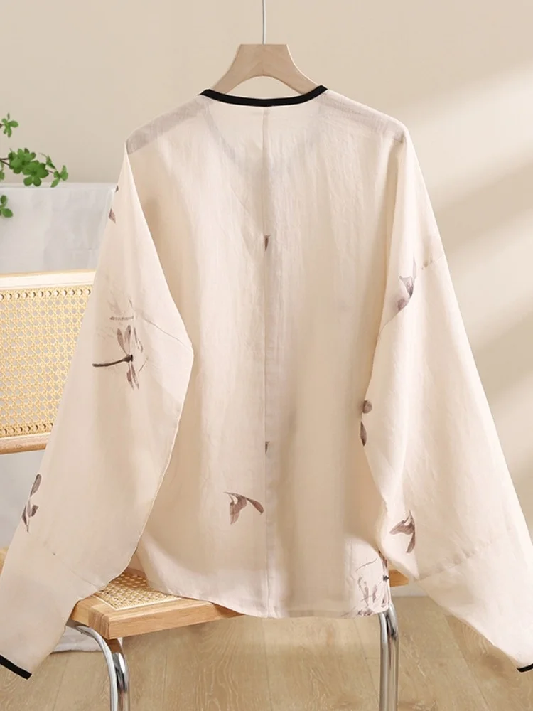 Water-Mark Leaf Silk Tunic Top Women's round Neck Jacket Cotton Linen Material Autumn Seasonal Commute Style Loose Fit Print ...