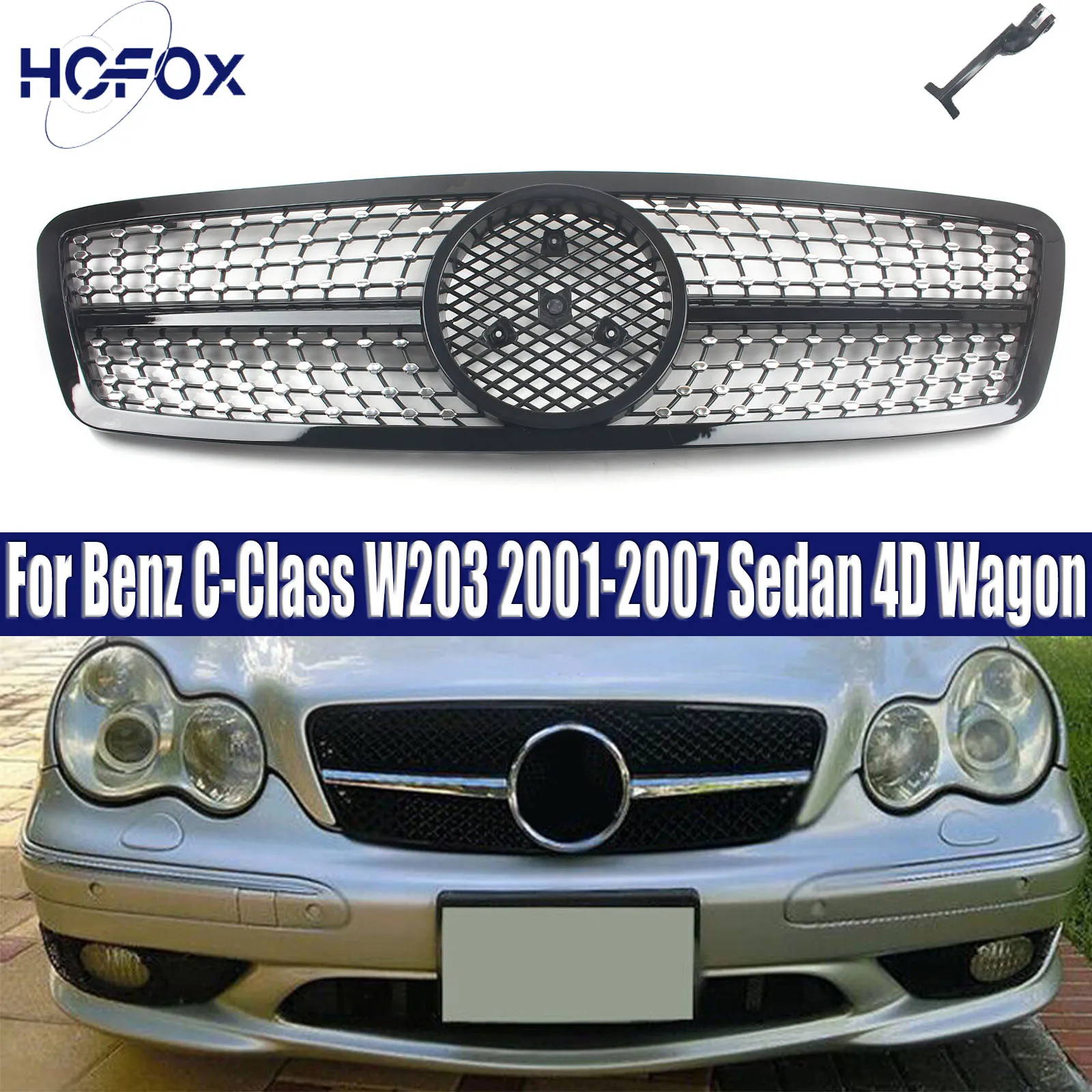 

Front Mask Grid Bumper Grille Inlet Grill For Mercedes Benz C-Class W203 2001-2007 Sedan 4D Wagon Diamond Grille Black Silver