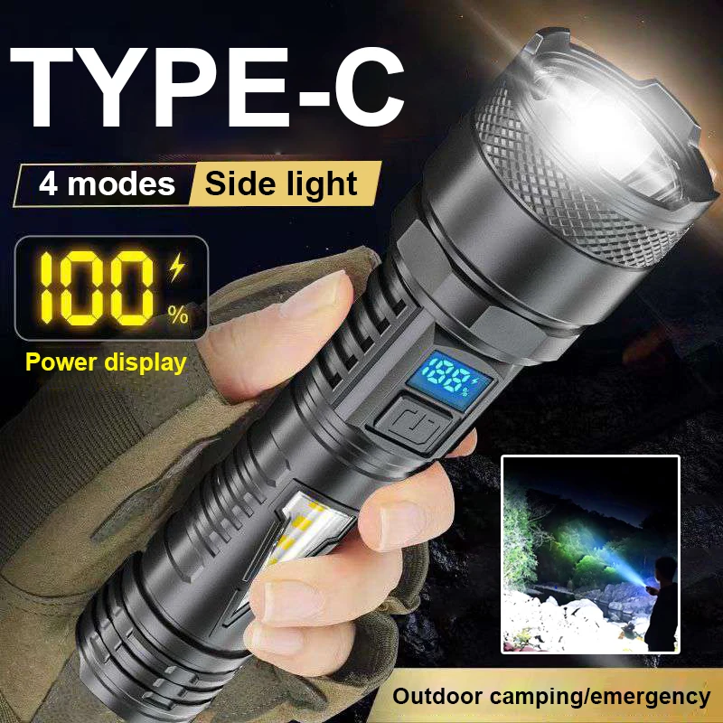 

Powerful Torch USB Rechargeable Flashlight LED With Side Light Built-in Battery Strong Emergency Lamp High Power Led Flashlights