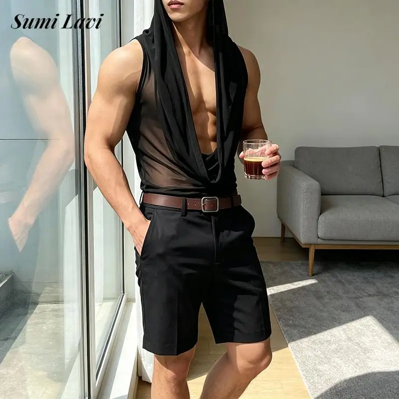 Camisetas sin mangas transparentes sexys de verano 2026 para hombre, cárdigans vintage sin mangas con cuello en V profundo, camisetas casuales de malla de color liso para hombre