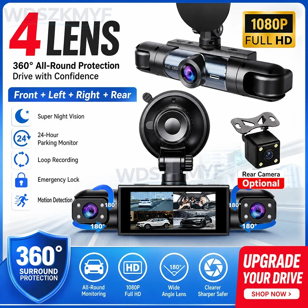 360° Panoramic 1080P HD 3/4 Channel Dash Cam Car DVR Front Left Right Rear Cabin Inside Recording, Night Vision 24H Parking Mode