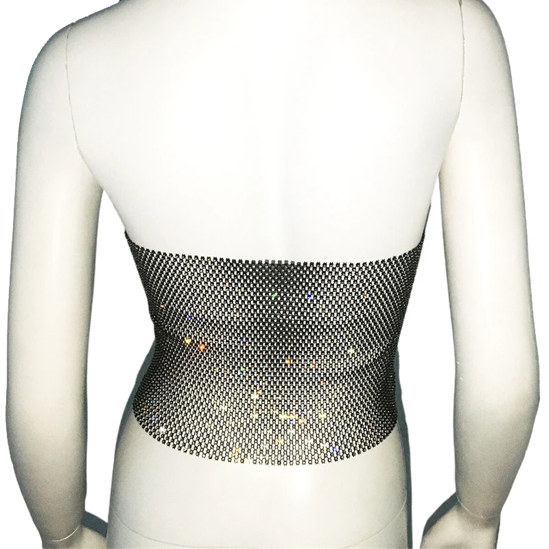 Damen Glitzer-Strass-Netz-Haltertop mit tiefem V-Ausschnitt, Schnürung vorne, transparent, für Club, Party, Strand, ärmelloses Tanktop – Detail 7