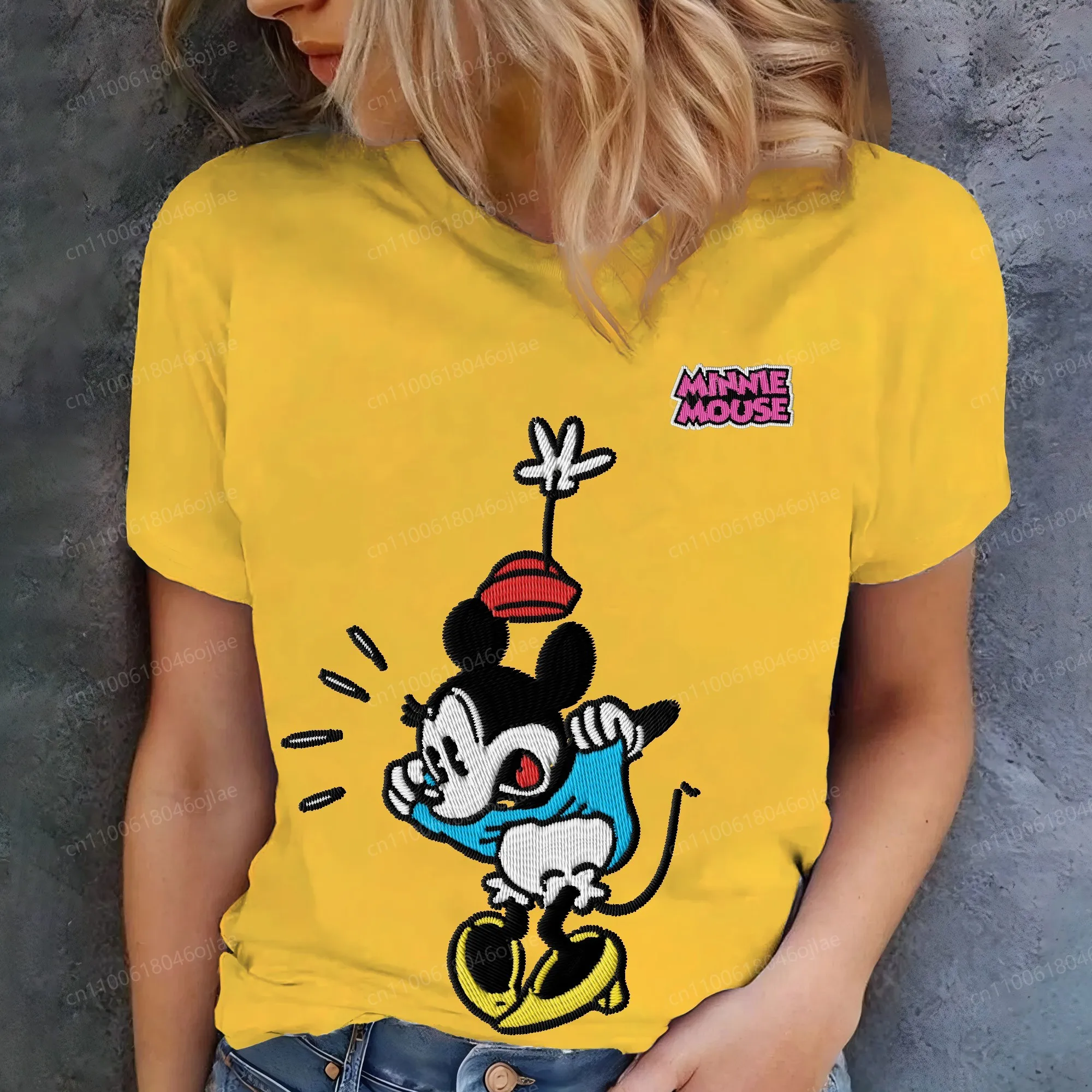 

Tops Woman 2025 Embroidery 3D Printing Minnie Mouse Combed Cotton Summer Top Women's T-shirt Clothing O-neck Short Sleeve Female