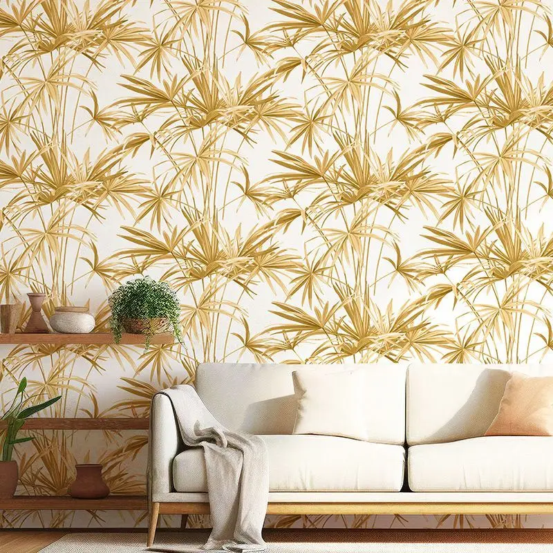 Palm Leaf Non-woven Wallpaper 0.53x10M Glueless Tropical Plant Bamboo Leaves Wall Mural for Bedroom Living Room Home Decoration