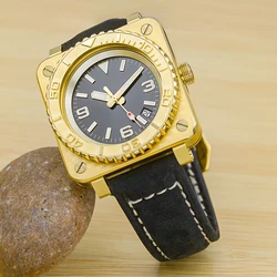 Square Gold Watch Black DIal Leather Band 38mm Bezel Insert NH36 NH35 Movement Automatic Mechanical 20ATM Diver Watches