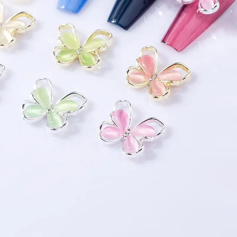 10 Pcs 3D Butterfly Nail Art Jewelry Charms Rose Gold/Silver/Gray Crystal Rhinestones 13*15mm Alloy Opal Nail Parts Accessories