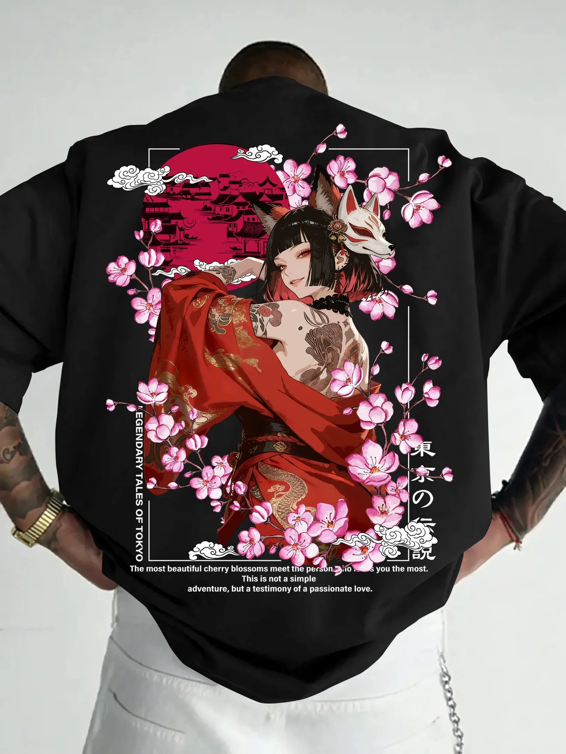 Japanischer Stil, Fuchsdämon, Geisha, Kirschblüten, Tokyo-Legende, japanischer Slogan, personalisiertes T-Shirt aus reiner Baumwolle für Männer und Frauen – Detail 4