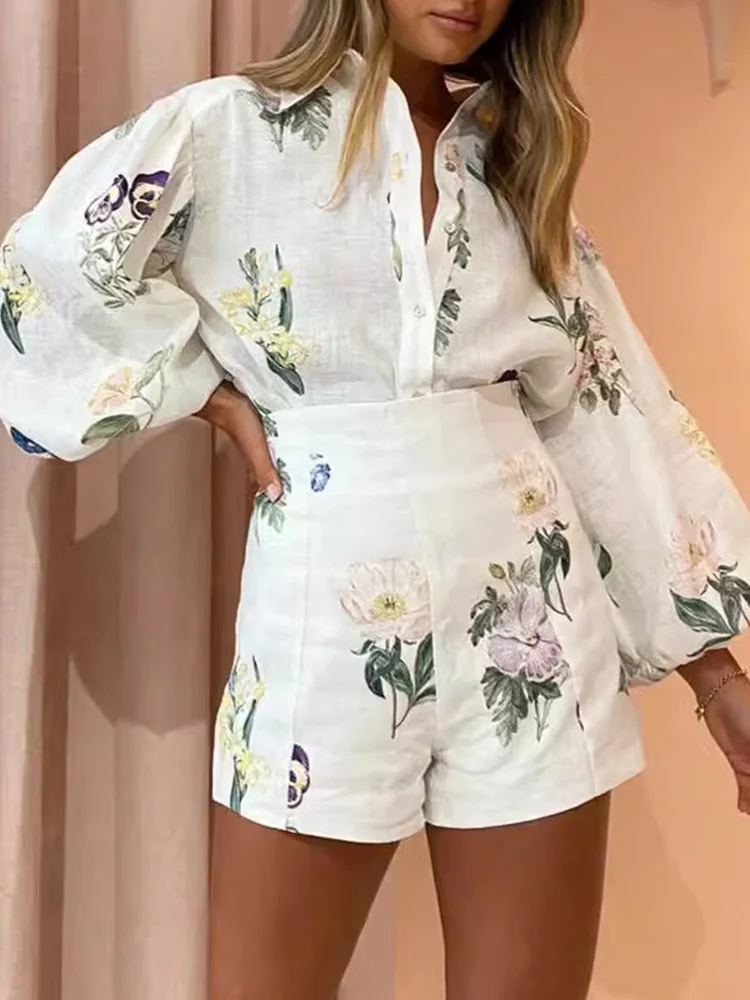 

Floral Print Lantern Sleeve Shirt Tops & High Waist Shorts Set Casual Women Two Piece Set Outfits