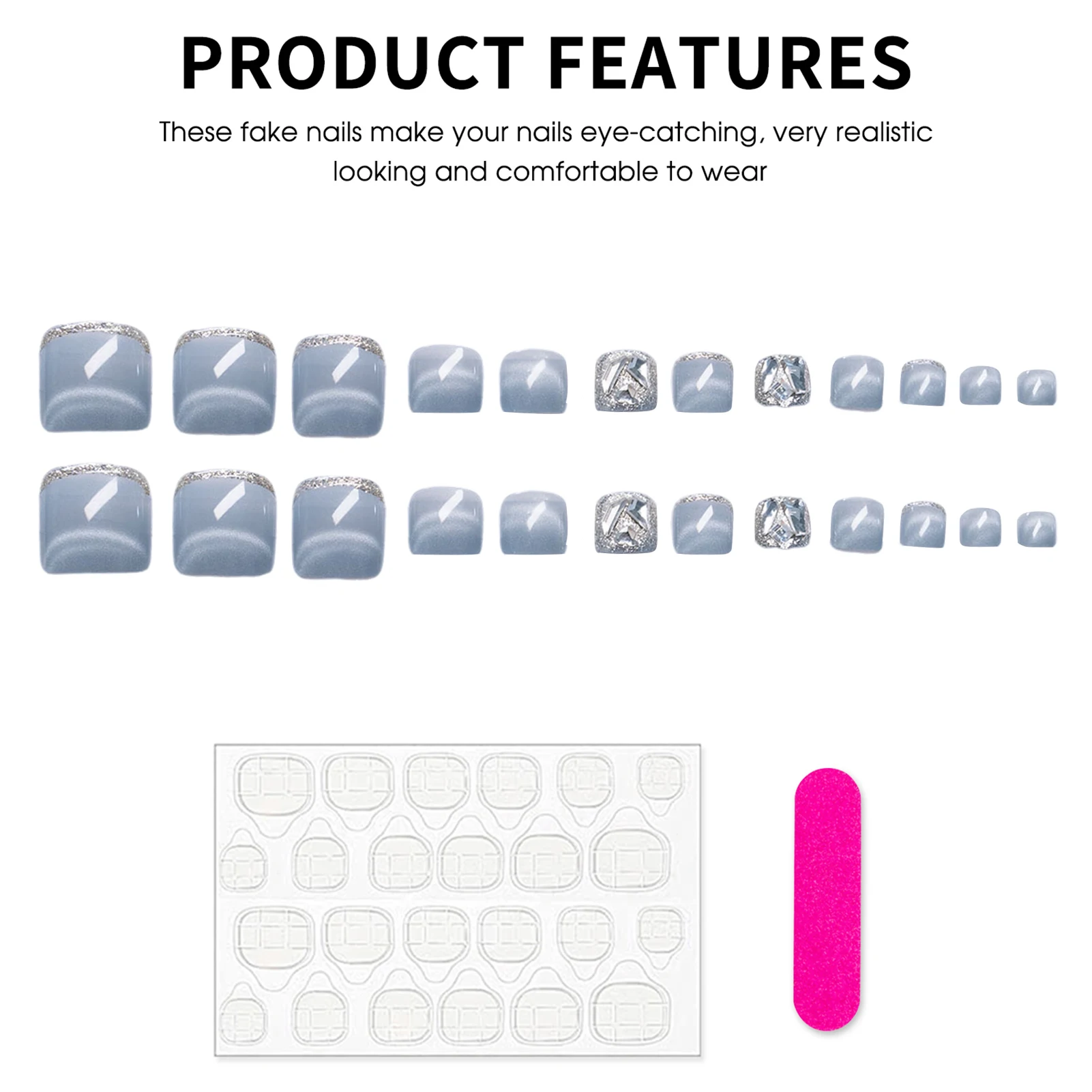24pcs Glossy Blue Cat's Eye Fake Toe Nails Ins French Style Flash Rhinestone Decor Press On Toenail Short Square Summer Toenails
