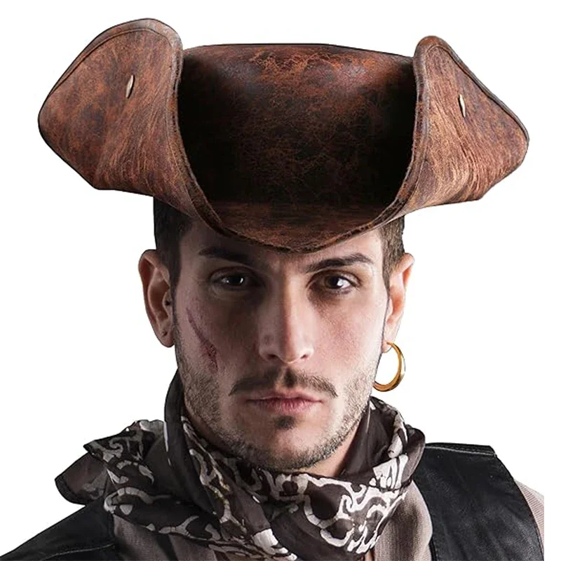 Adult Caribbean Pirates Cosplay PU Leather Hat Medieval Vintage Brown Tricorn Pirate Hat Halloween Masquerade Party Costume Hats