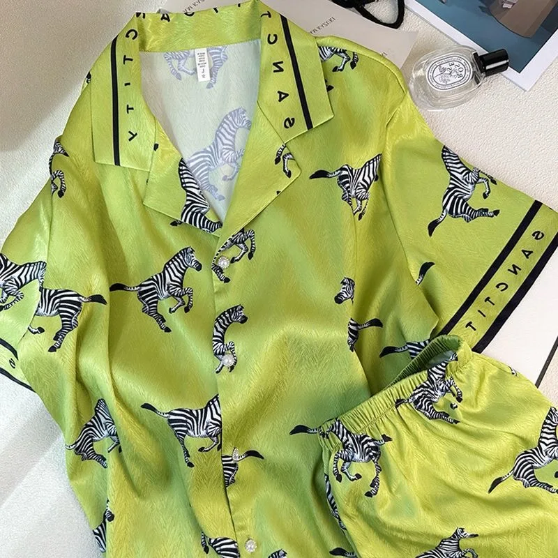 Pajama Set Women 2025 New Ice Silk Pijamas De Mujer Green Zebra Pajamas Short Sleeve Shorts Long Pants Sleepwear 3pcs
