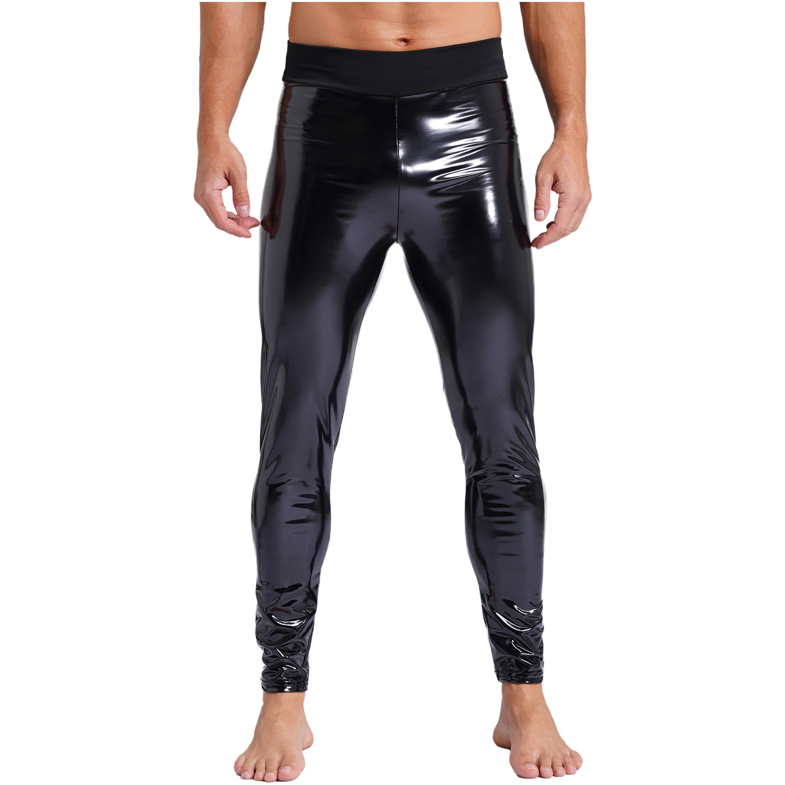 Mens Black Stretchy Leggings Patent Leather Skinny Trousers Latex Long Pants High Waist Rave Party Clothings Wet Look Clubwear