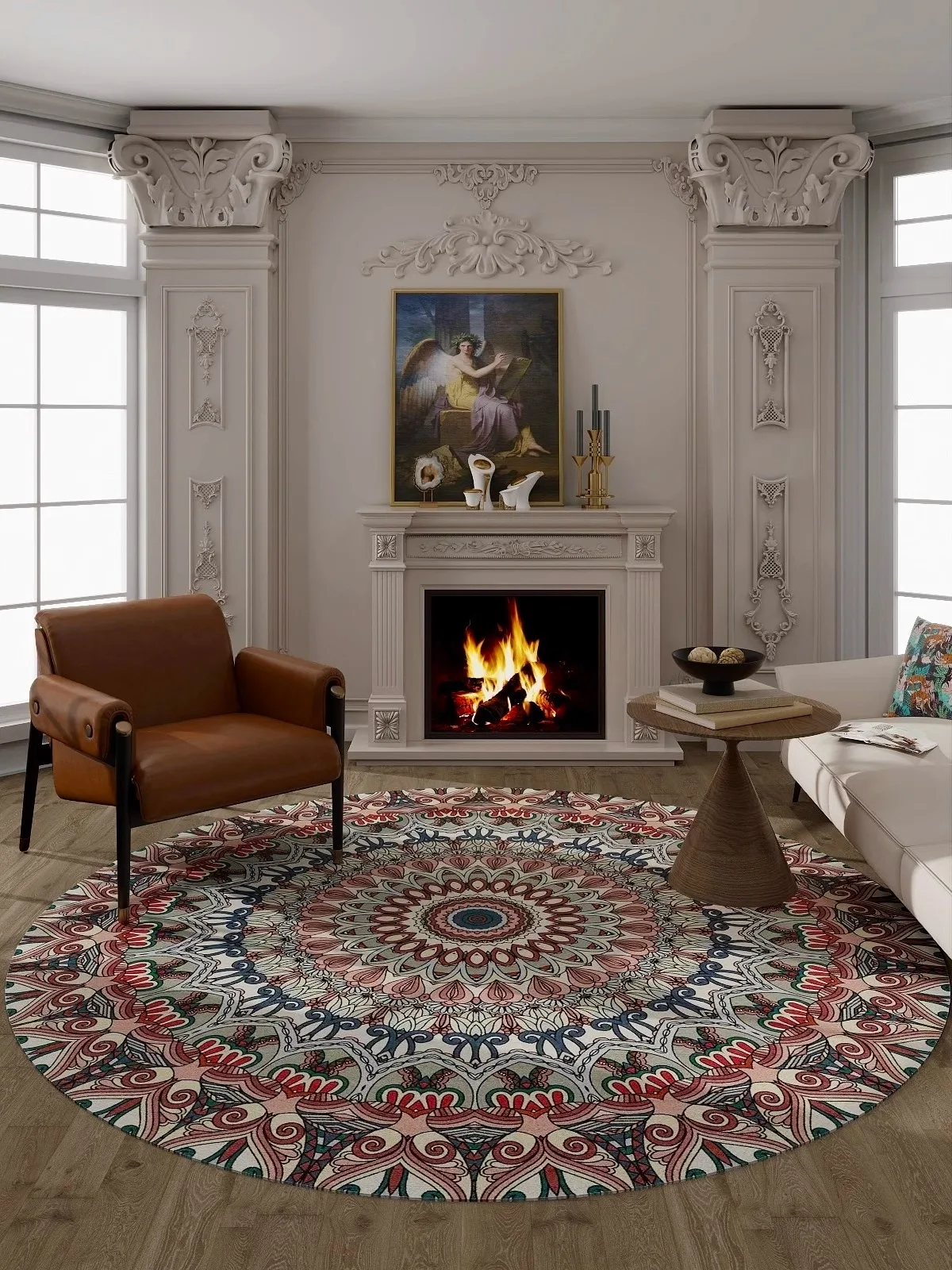 

Round Retro Large Living Room Carpets National Style Classical Bedroom Bedside Carpet Easy To Care Non-slip Balcony Rug Alfombra