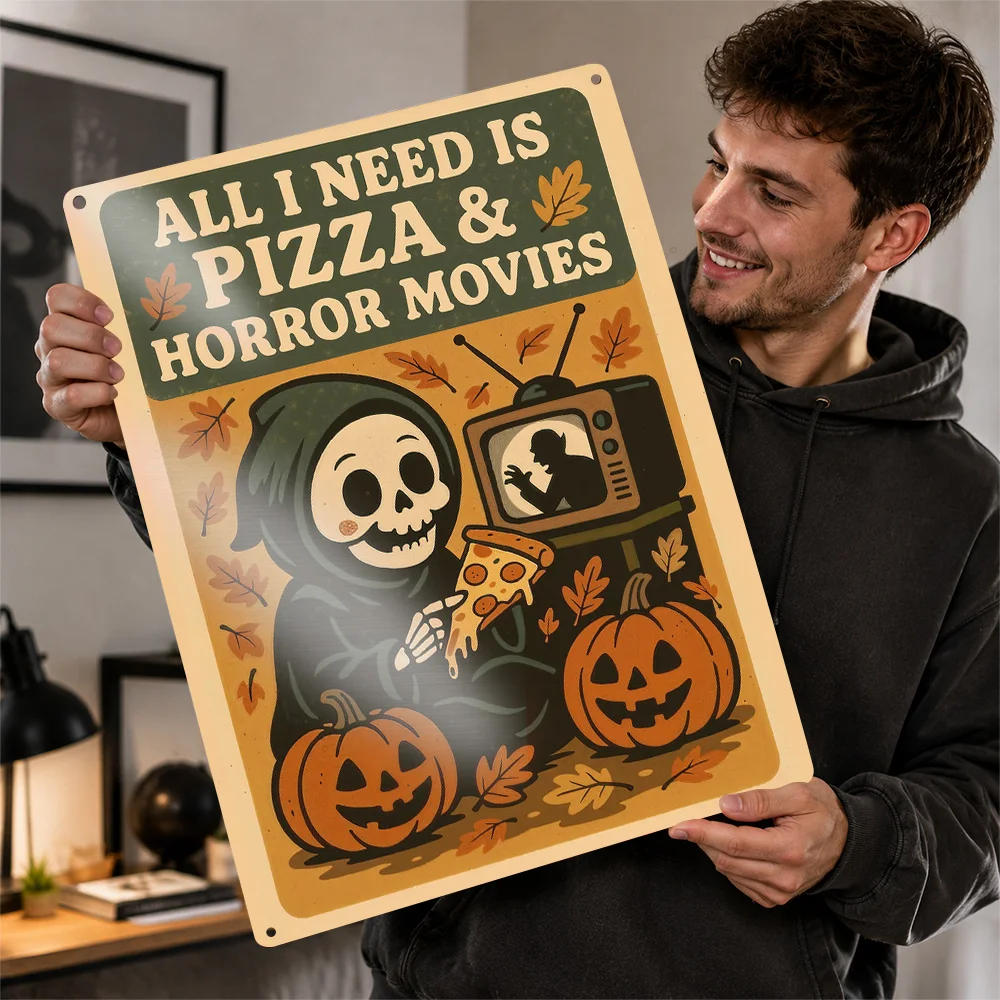 Cute Grim Reaper Eating Pizza Halloween Metal Poster Perfect Gift for Fans Lovers Customized Wall Art Metal Sign for Room Decor