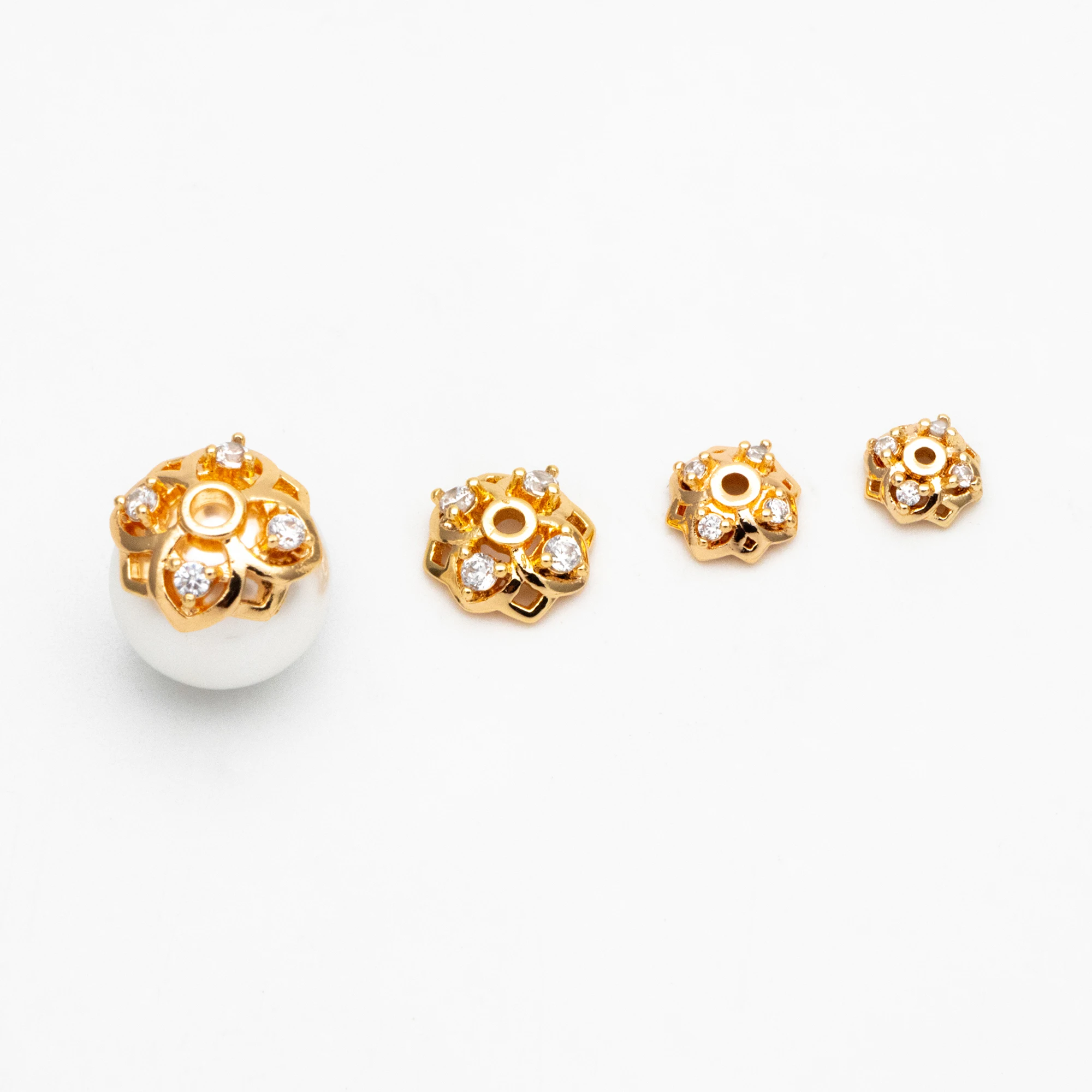 10pcs Floral Bead Caps 6/ 7/ 8/ 10mm , Real Gold Plated Brass, CZ Paved Flower Cap Ends For Jewelry Making Finding Supplies