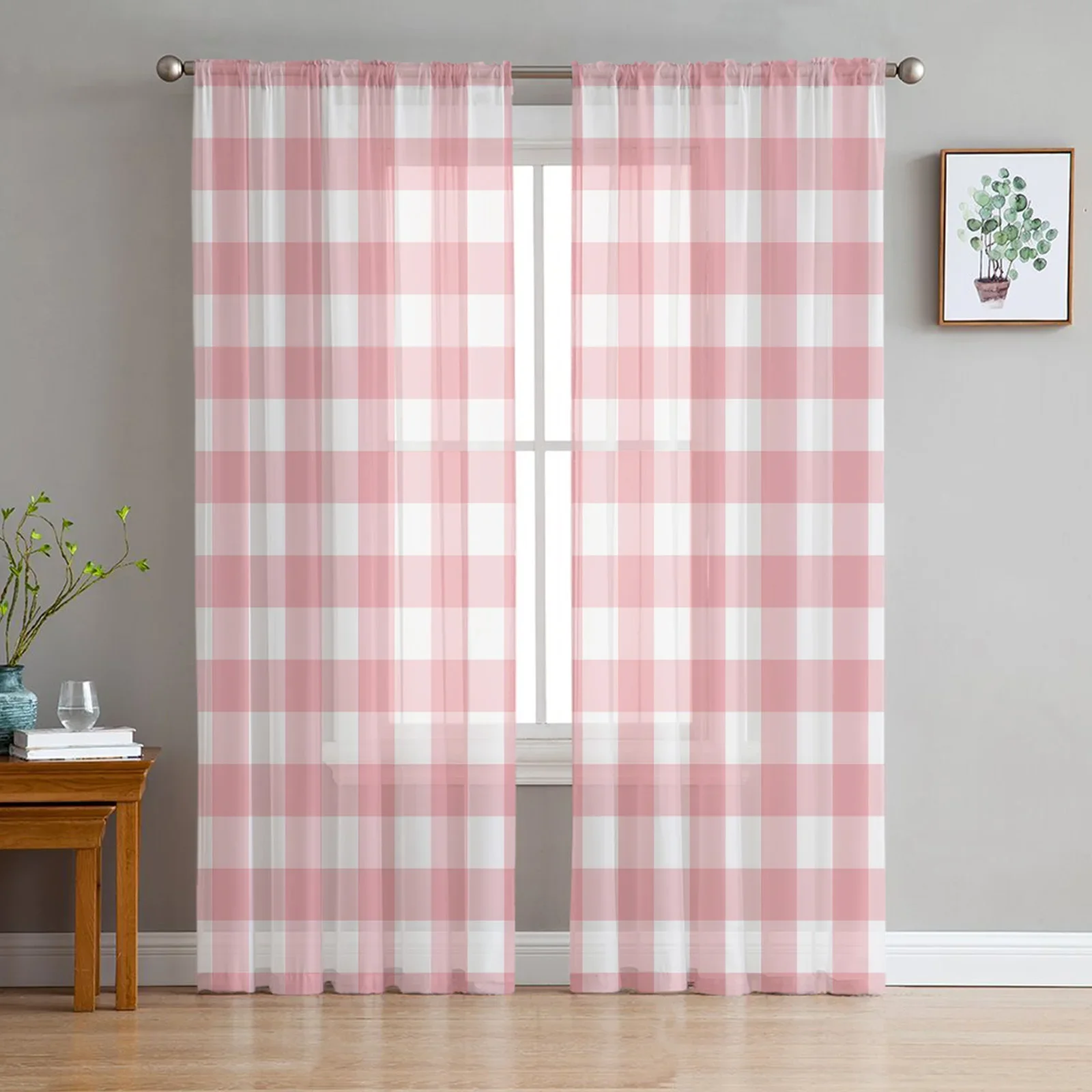 

Pink White Plaid Window Treatment Tulle Modern Sheer Curtains for Kitchen Living Room the Bedroom Curtains Decoration