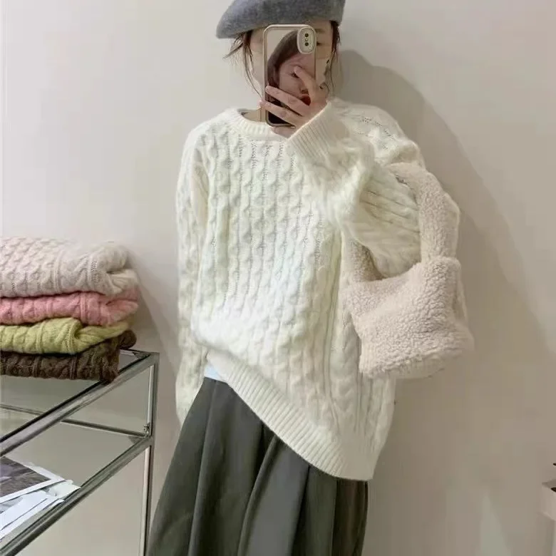 Pull Vintage Triblockchain à Manches sulfet Col Rond pour Femme, Vêtement Chic, Simple et Décontracté, Couleur Unie, Style Japonais, Automne Hiver 2024