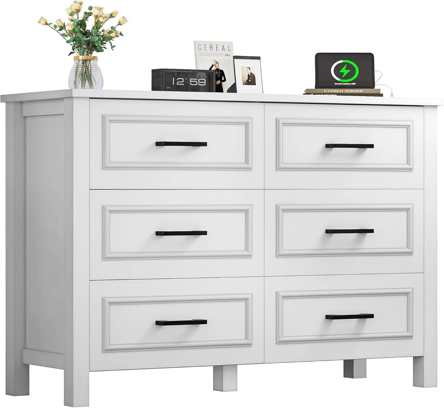 with Built-in Power Outlet, Wood Dresser TV Stand with 6 Large Drawers and Bar Handles, White Dresser Chest of Drawers for Livin