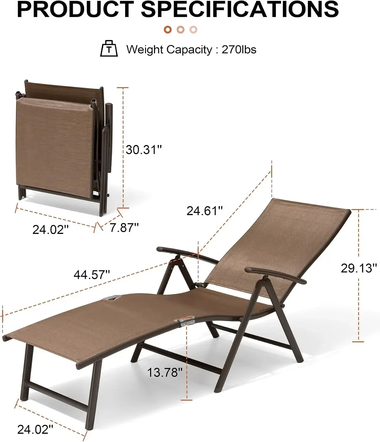 BestsellerLounge Chair Outdoor, Folding Pool Chaise Chairs Set of 2 (Brown) | Rust-Resistant Aluminum Frame, 8-Position Adjustab