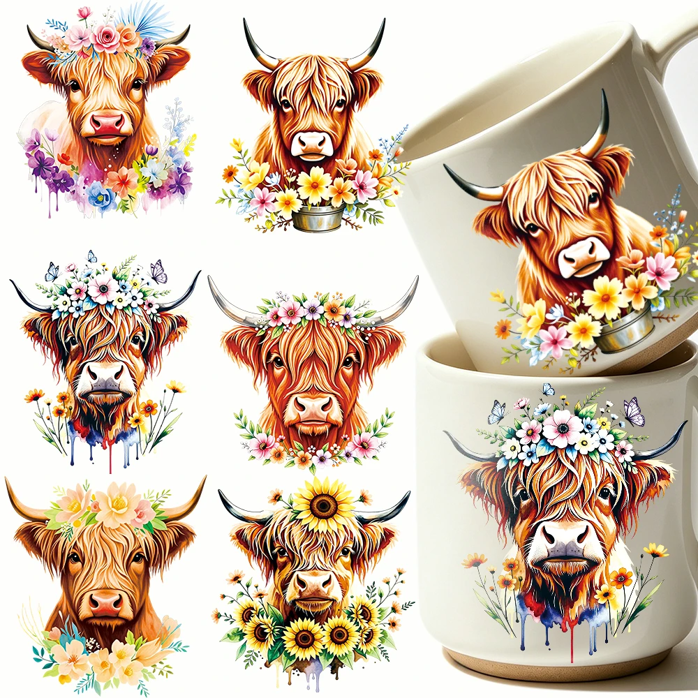 6pcs Yak Rabbit Fox Animal UV DTF Cup Wrap Sunflower Hedgehog Raccoon 3D UV Transfer Sticker Self-adhesive Bloom Mug Cup Wrap