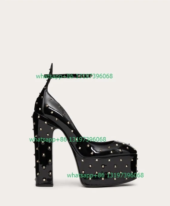 

Lady patent leather platform studs pumps chunky heel buckle high heels rivet metal design pumps office lady shoes footwear size