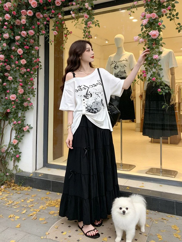 

plus Size 300 Pounds Women's Commute High Waist Cake Skirt Half Body Skirt Matching T-Shirt Korean Style Two-Piece Set Summer
