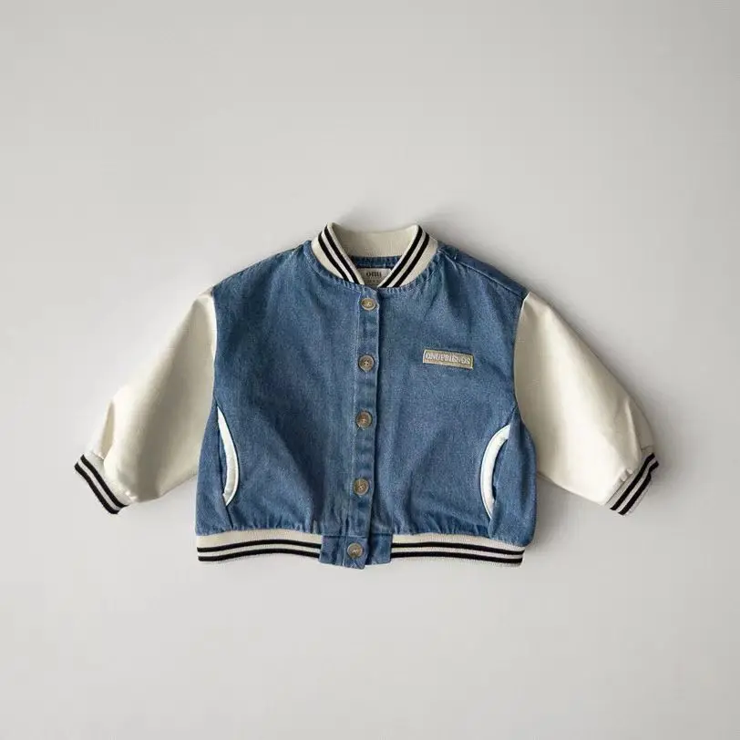 

2025 Spring New Baby Denim Baseball Uniform Coat Kids Boys Long Sleeve Denim Jacket Infant Girl College Style Coat Clothes