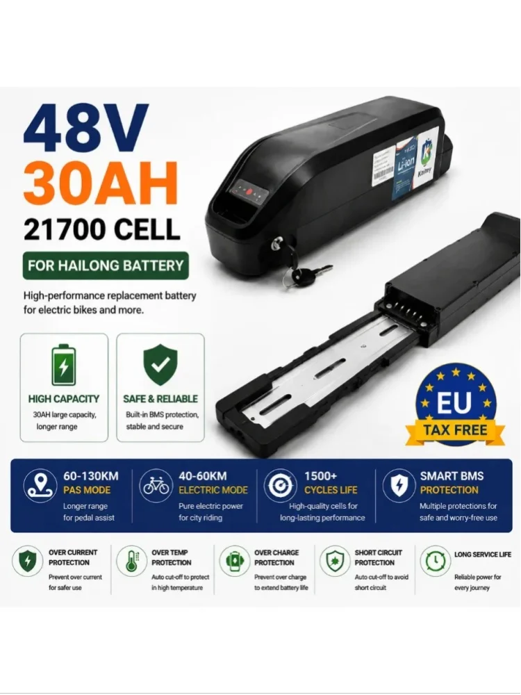 48V 36V 30AH do obudowy Hailong, bateria litowo-jonowa, ogniwa 21700 z BMS o maksymalnym prądzie 40A‑50A, odpowiednia do silników skuterów elektrycznych o mocy 500W 750W 1000W 1500W. — 2