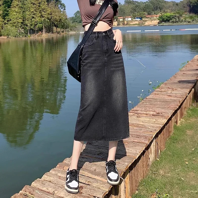 

Retro High Waisted Denim Skirts For Women Fashion Autumn Winter Thicken Velvet Warm Midi Skirt Female Knee Length Jeans Washed