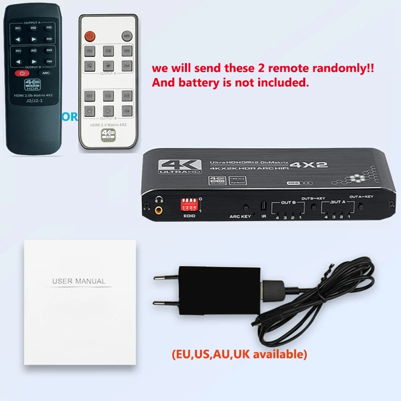 4K 60Hz HDMI Matrix 4x2 with Optical & 3.5mm Stereo Audio Out HDMI Matrix Switcher Splitter 4 In 2 Out Support ARC HDCP 2.2 EDID