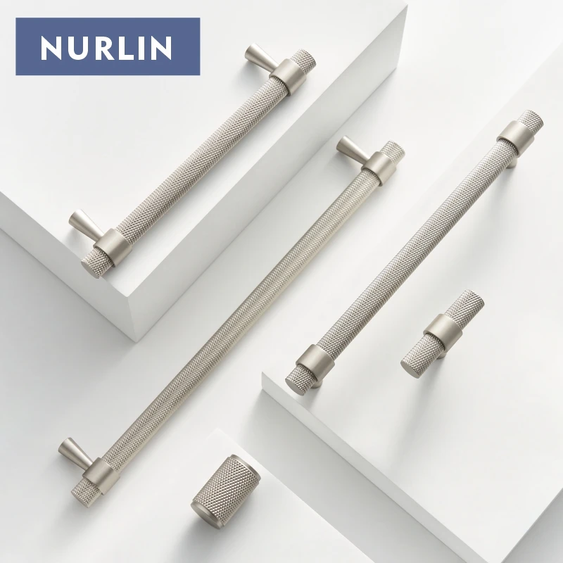 Nurlin Solid Brass Matte Nickel Brushed Silver Knurled Kitchen Cabinet Knobs Single Hole Handle T-bar Wardrobe Door Drawer Pull