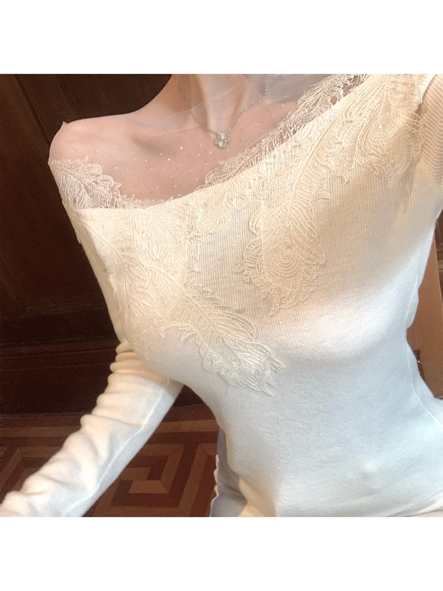 

Kubiliv Lace Splice One oulder Knitted Sweater French Sle Pure Desire tough oulder Me Netting Women's Daily Wear