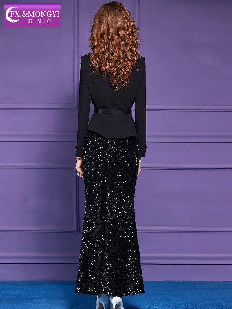 Elegant Black Sequin Suit Set Women's Original Design Autumn High-end Luxury Fish Tail Half Skirt Dress Fashionable Ensemble view 4