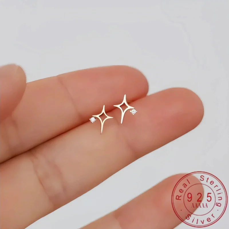 S925 Sterling Silver Four Pointed Star Stud Earrings 14K Gold Plated Tiny Hollow Star Zircon Earrings Minimal Jewelry For Women