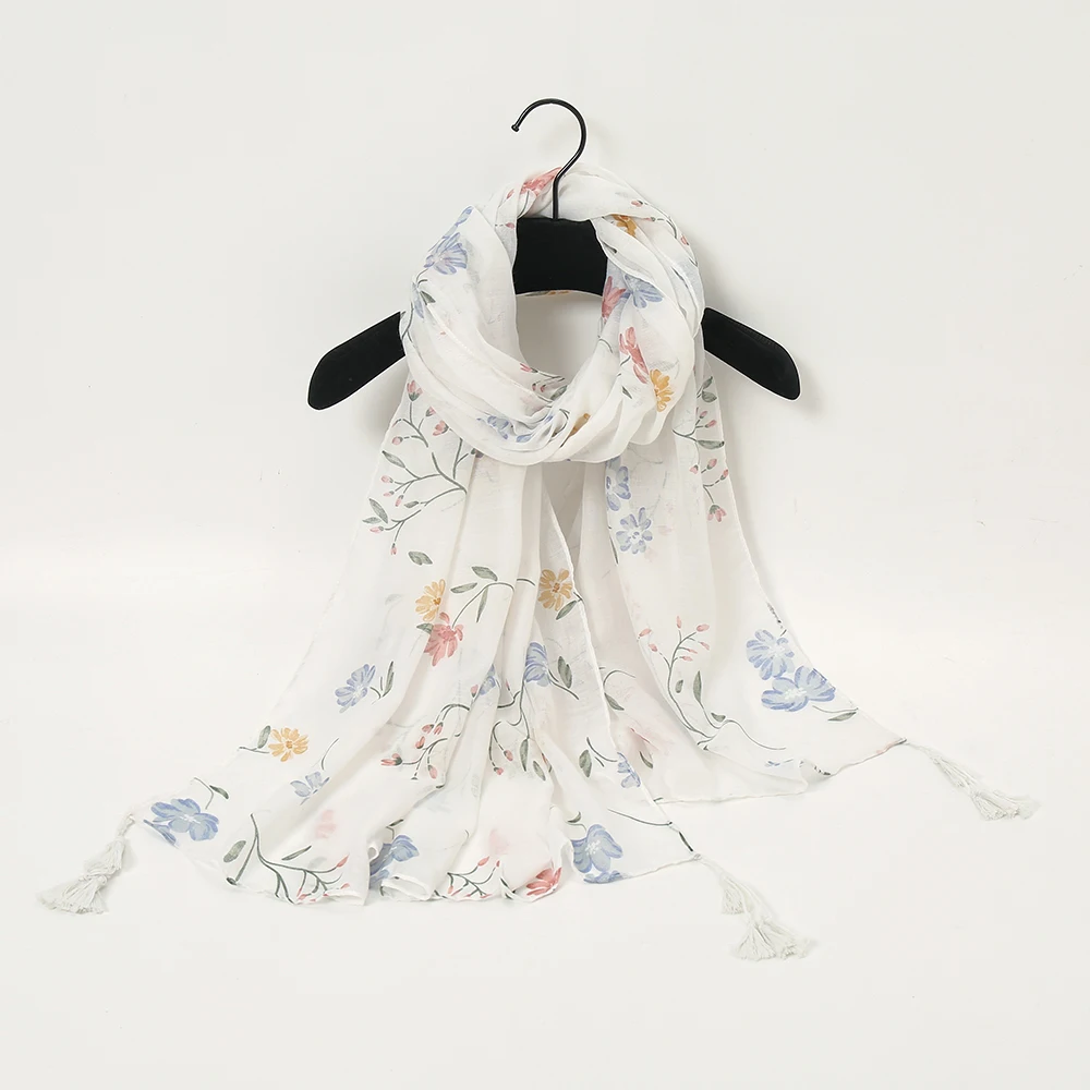 

Refreshing style travel sunscreen shawl with cotton and linen texture scarf voile floral pastoral style women's tassel scarf