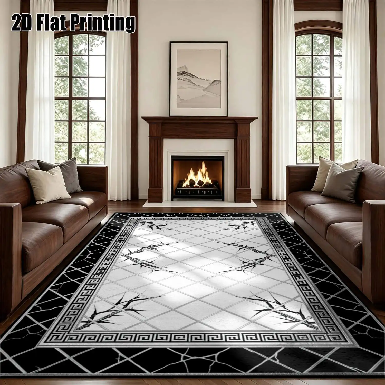1Pc 2D Printed Carpet: Black Silver Geometric Thorn Pattern, European Modern Minimalist Style, Home Decor, Multiple Sizes, Machine Washable, for Entrance/Dining/Foyer/Bedroom/Study/Living Room
