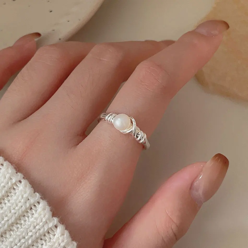 New Niche Design Simple And Wrapped Around A Pearl 925 Sterling Silver Temperament Cool Style Sweet Opening Rings  TYB342