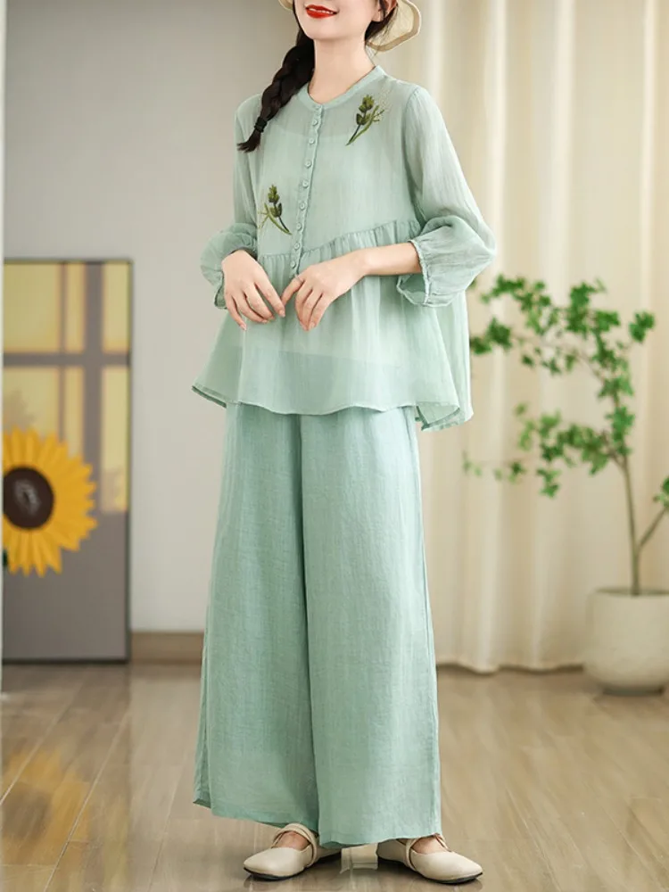 

Casual Cotton Linen Set Women Summer Embroidered irt Wide Leg Pants Seven Sve Casual Faion Two Piece Set round Ne