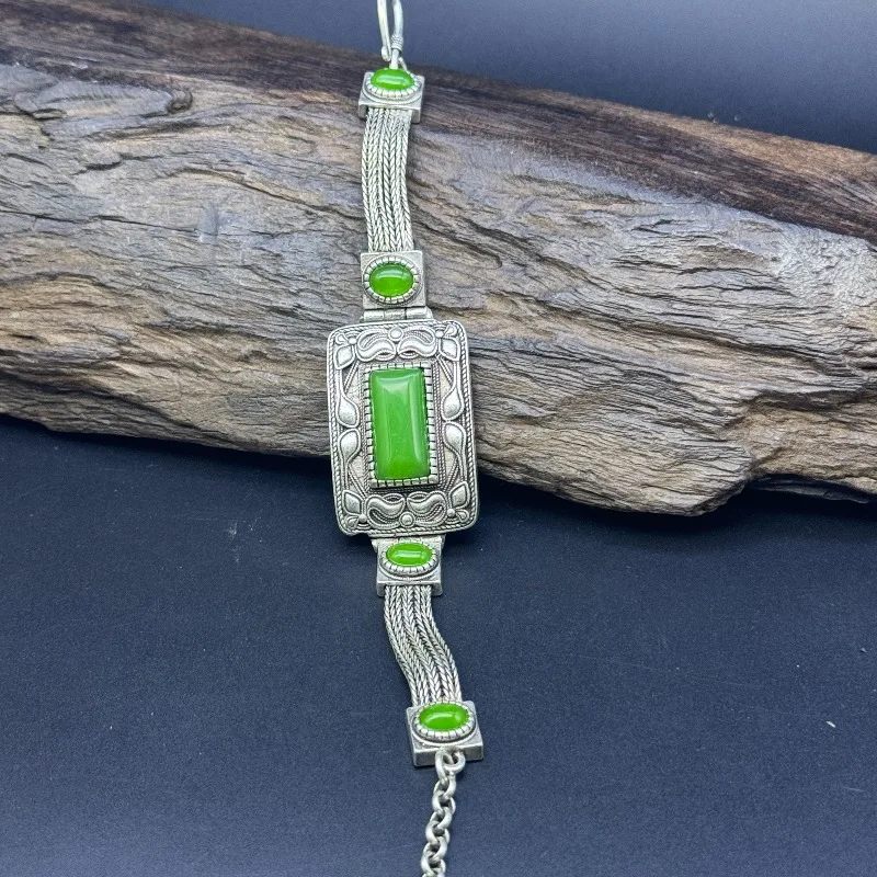 Vintage Tibetan Silver Bracelet, Rectangle Green Jade Inlay Braided Chain Boho Ethnic Women Wrist Jewelry